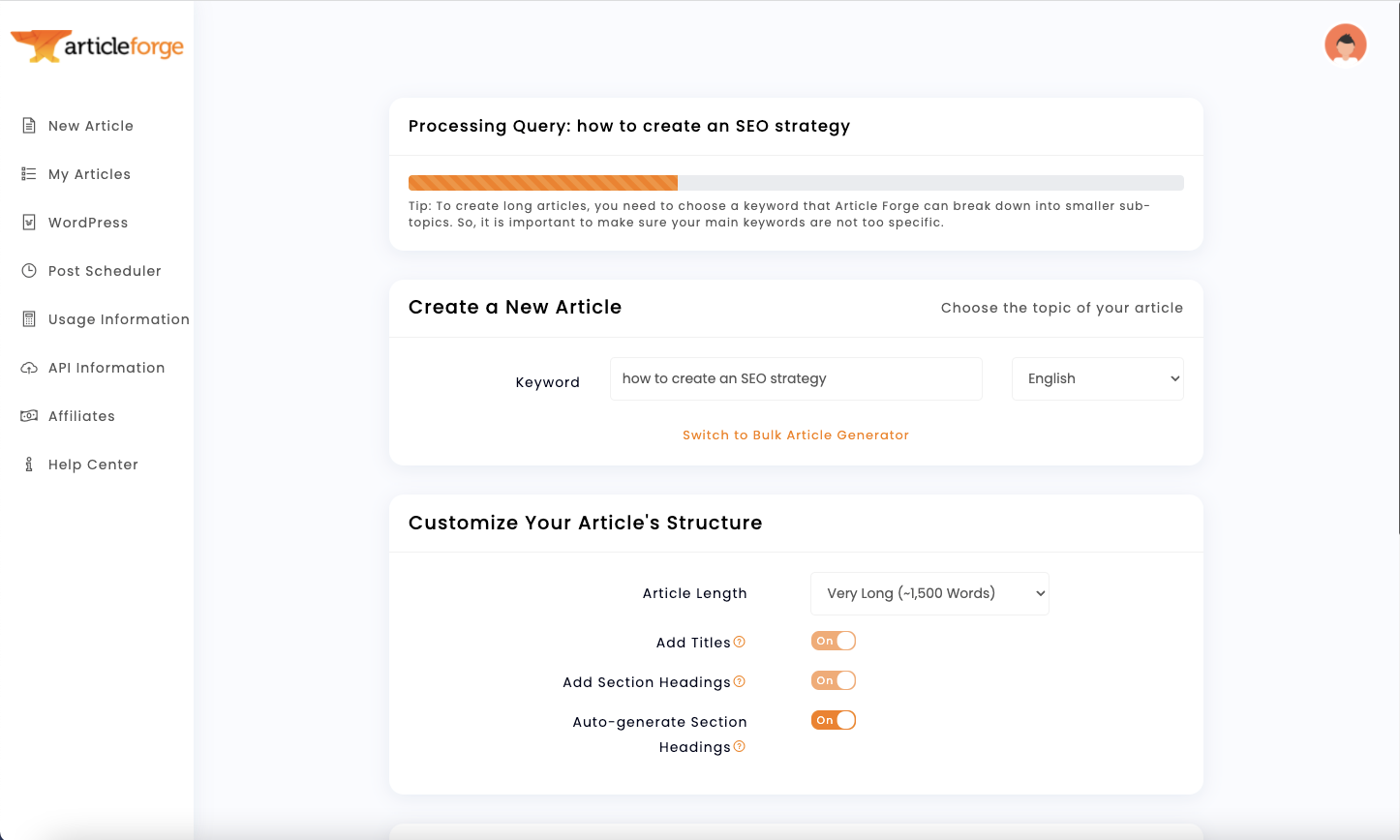 screenshot of Article Forge